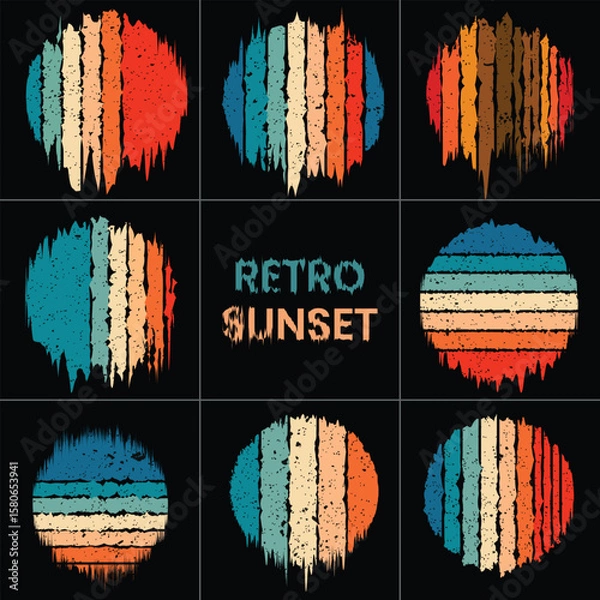 Obraz Retro Sunset Landscape Circle Badges – Vintage Grunge Style Vector Set