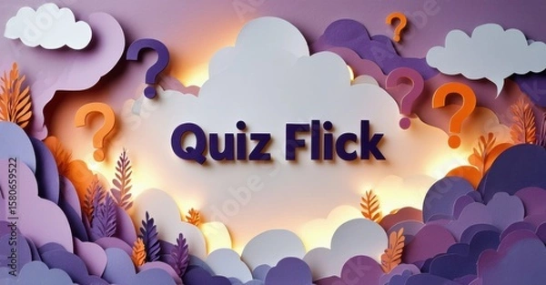 Fototapeta Papercraft scene depicts clouds, trees, question marks. Text reads Quiz Flick in white font. Warm colors dominate design.