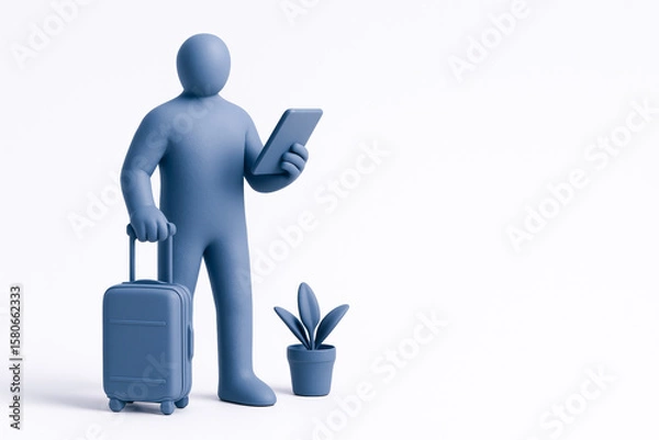 Fototapeta 3D rendered figure holding smartphone and suitcase standing next to potted plant, conveying sense of travel and connectivity, with focus on remote work and digital nomad lifestyle
