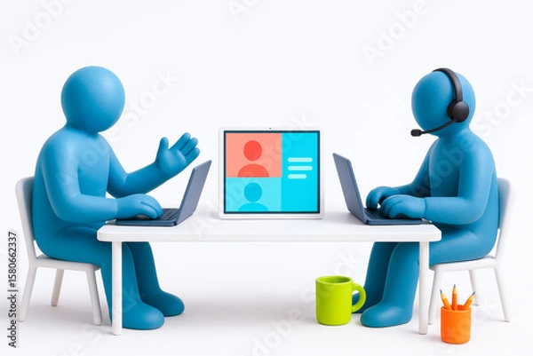 Fototapeta Two blue humanoid figures engaging in virtual meeting with laptops, one wearing headset, in minimalistic setting with white table and colorful accessories
