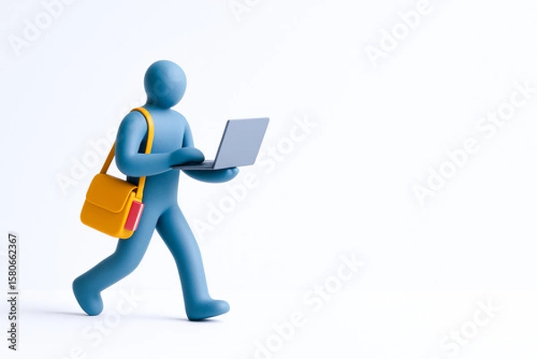 Fototapeta Stylized blue figure carrying yellow bag and using laptop while walking, representing modern remote work and digital nomad lifestyle, with clean white background