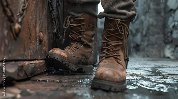 Fototapeta Weathered Leather Boots Standing Tall Against a Rustic Door in a Stone Fortress, Showcasing Adventure and Resilience