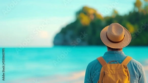 Fototapeta Backpacker enjoying scenic beach view in tranquil coastal landscape