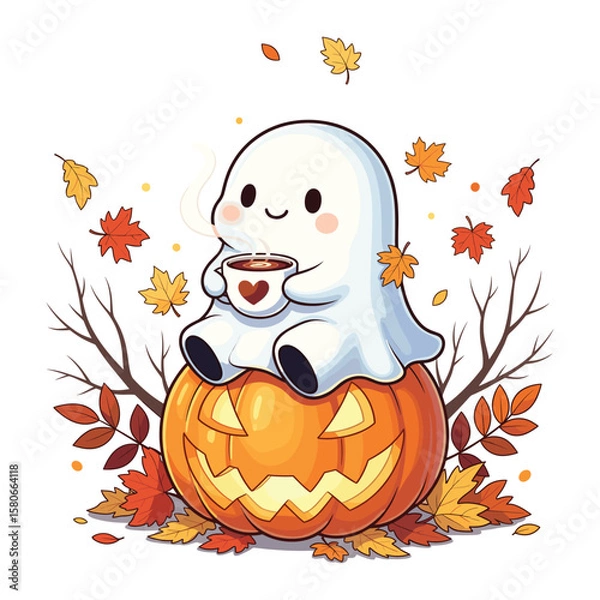 Fototapeta Cute Ghost Pumpkin Coffee Watercolor Sublimation