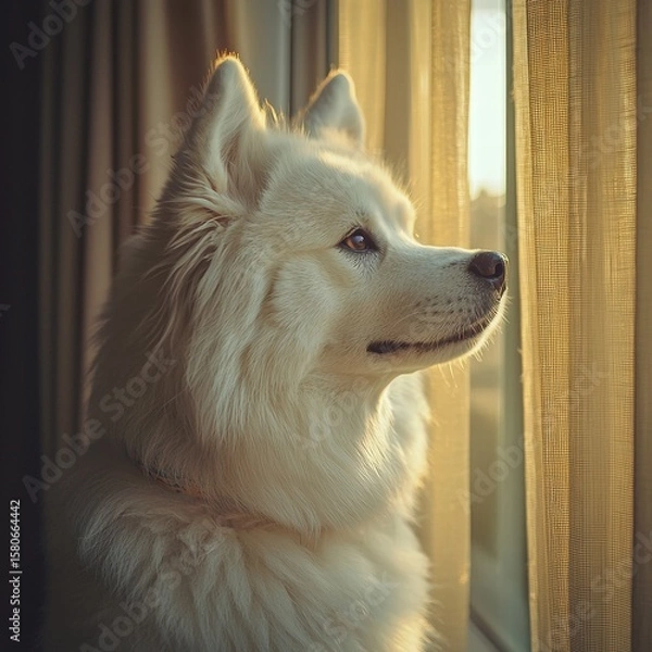 Fototapeta Elegant white dog with fluffy fur looking out the window du golden hour sunlight in a cozy indoor setting with curtains and warm natural lighting