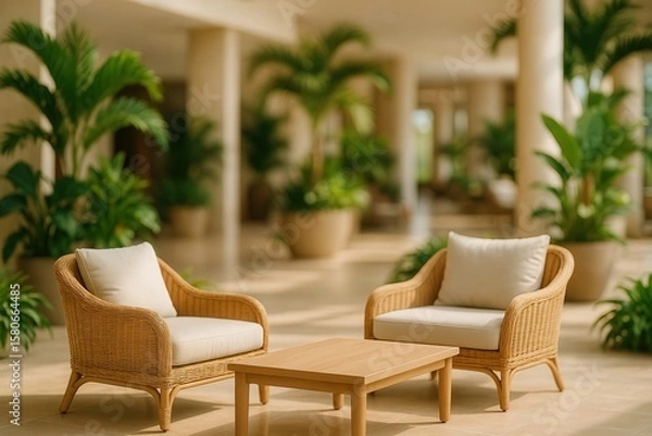 Fototapeta Serene Tropical Resort Lounge with Cushioned Rattan Chairs and Table Surrounded by Lush Greenery