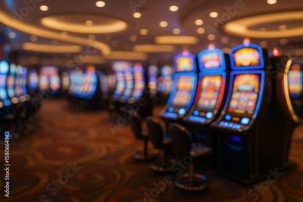 Fototapeta Vibrant Casino Ambiance with Rows of Illuminated Slot Machines and Colorful Carpet in a Blurred Background