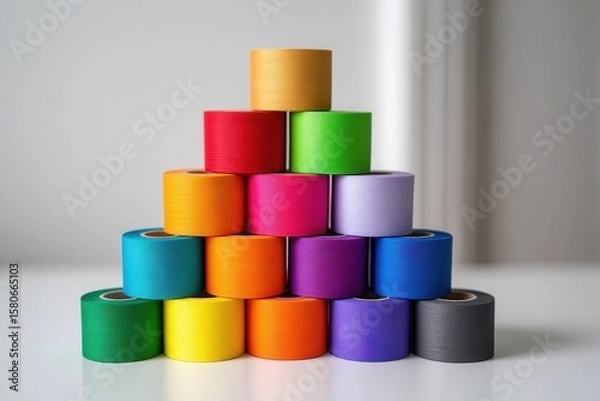 Obraz Colorful pyramid of tape rolls in varied shades on white surface.