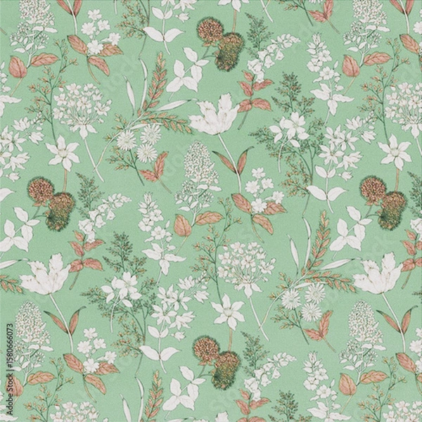 Fototapeta Elegant All Over Repeat Pattern with Leaves and Flowers
