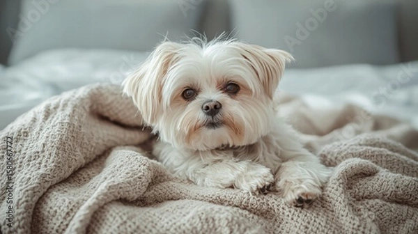 Obraz Adorable small fluffy dog with cream-colored fur lying on cozy bed covered in textured beige blanket in a modern bedroom setting