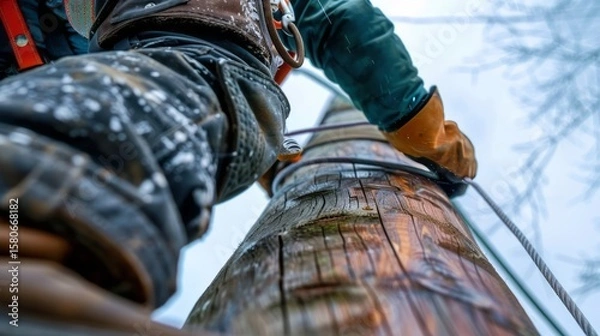 Fototapeta Power Line Worker Ascending Wooden Utility Pole, Ensuring Grid Stability with Safety Gear in Adverse Weather Conditions for Infrastructure Maintenance.