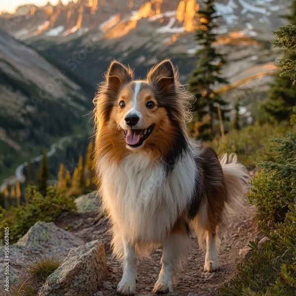Fototapeta Beautiful Shetland Sheepdog standing outdoors in the forest du sunset with mountain scenery and lush green trees in the background