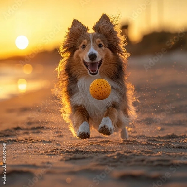 Fototapeta Happy Shetland Sheepdog playing with a ball on the beach du sunset with warm golden light and a blurred background, vibrant and energetic scene