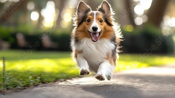 Fototapeta Adorable Shetland Sheepdog puppy running happily in a lush green park with blurred trees in the background on a sunny day cheerful playful dog