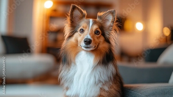 Fototapeta Portrait of a Fluffy Shetland Sheepdog with a Elegant Expression Indoors in a Modern Home Showing Warm Lighting and Comfortable Living Space