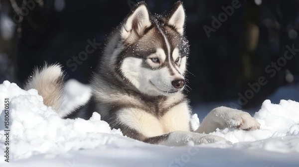 Fototapeta Cute Siberian Husky puppy lying in fresh snow du winter day with a curious expression and bright blue eyes, surrounded by snow-covered trees and landscape