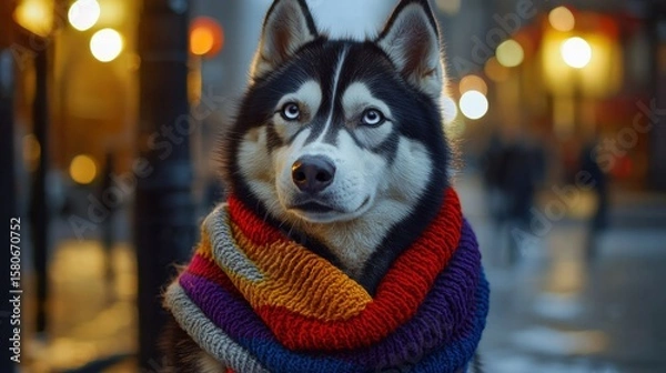 Fototapeta Close-up of a Siberian Husky dog wea a colorful scarf in an urban night setting with blurred lights and street background