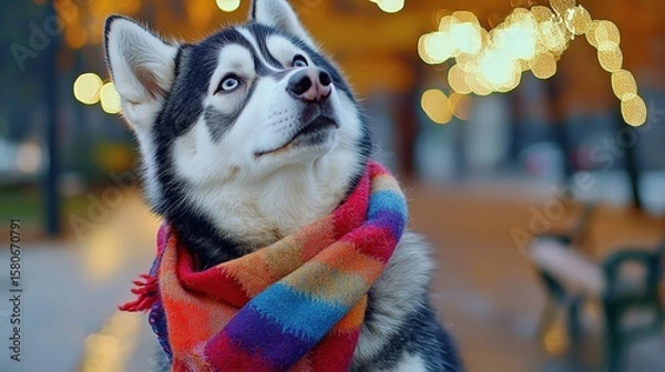 Fototapeta Adorable husky dog wea a colorful scarf in autumn park with blurred lights and trees in the background du evening sunset
