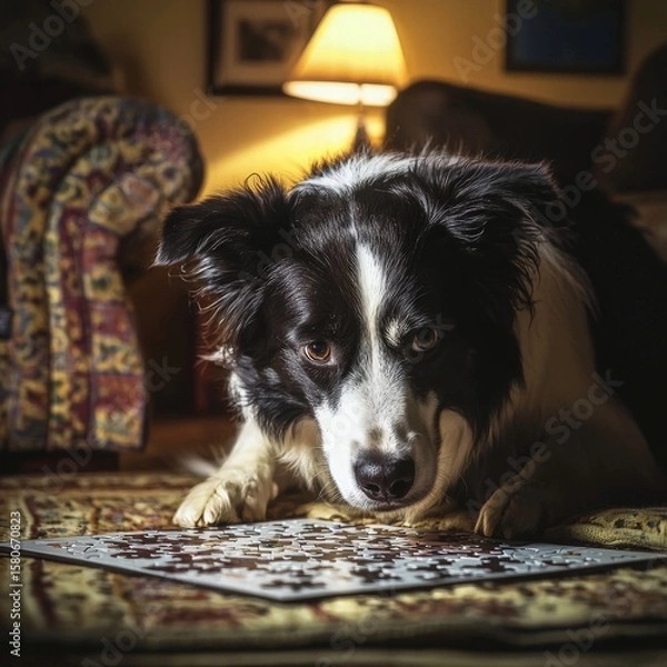 Fototapeta Adorable Border Collie puppy lying on a patterned rug indoors with warm ambient lighting creating a cozy atmosphere in a living room setting
