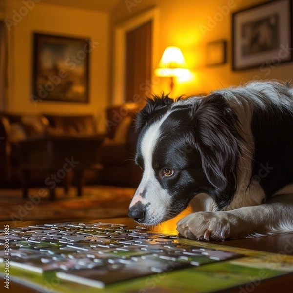 Fototapeta Black and White Border Collie dog lying down on a colorful puzzle in a cozy warm lit living room with furniture and decorative picture frames