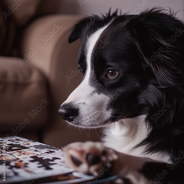 Fototapeta Young Border Collie puppy with black and white fur sitting indoors on a warm background looking curiously at a puzzle on a table in a cozy home setting