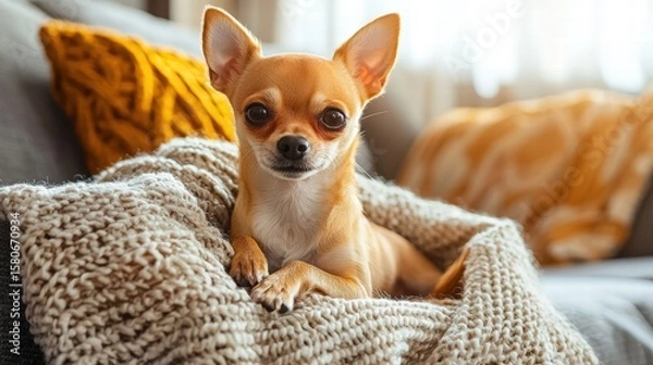 Fototapeta Adorable small Chihuahua dog with large expressive eyes sitting on a cozy blanket in a warmly lit living room with cushions and curtains in the background