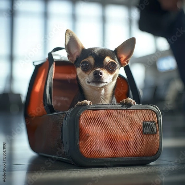 Fototapeta Small Chihuahua dog with large alert eyes sitting inside a pet carrier on a shiny tiled airport floor in a professional travel environment with blurred background