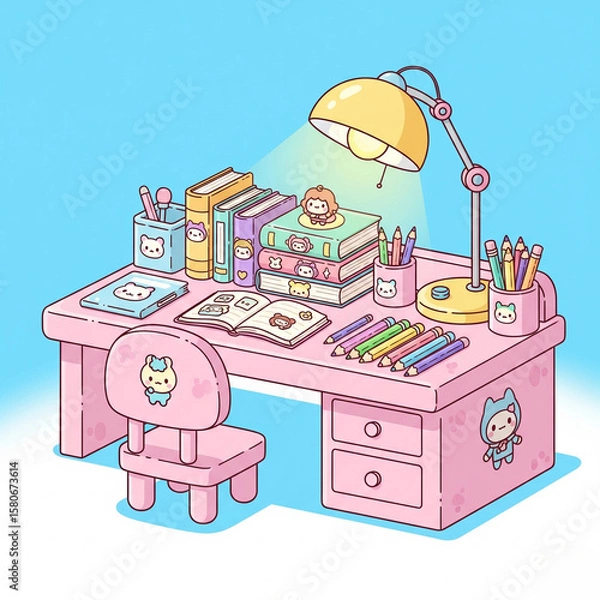 Fototapeta A pastel-colored study desk is neatly arranged with books, pencils, a lamp, and various cute animal-themed stationery. The chair and table are decorated with friendly cartoon characters.