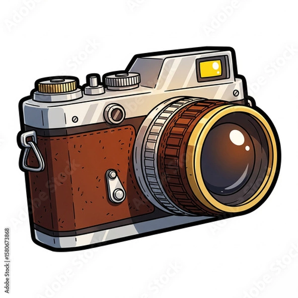 Fototapeta A vintage-style cartoon camera with a large lens, metallic details, and brown leather texture. Realistic yet playful.