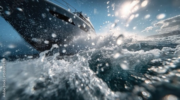 Fototapeta Captivating perspective of a luxury boat from below capturing the vibrant water splashes and complex wave patterns generated by the sleek hull emphasizing the thrill of maritime adventure.