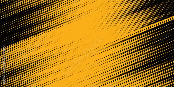 Obraz Black halftone pattern. Retro comic gradient background. Bright orange pixel dotted texture overlay. Cartoon pop art faded gradient pattern.vector background