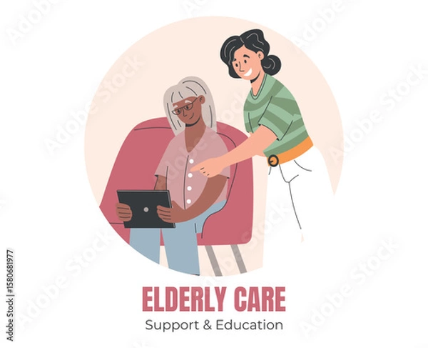 Fototapeta Vector cartoon of elderly woman sitting in an armchair at home using a tablet with help from younger woman. Senior digital education and tech support. Concept of elderly care and learning.