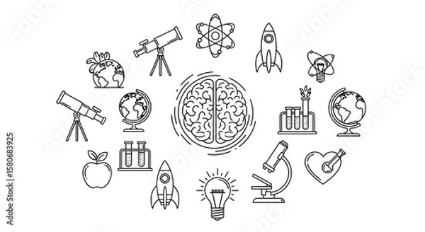 Fototapeta Hand Drawn Science Concept Icons with Brain Globe Rocket and Microscope in Black and White
