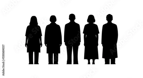 Fototapeta Silhouettes of Diverse People Standing in Row on White Background

