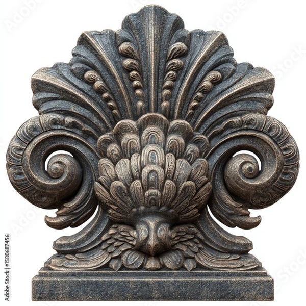 Fototapeta Decorative stone carving with intricate shell and leaf patterns.