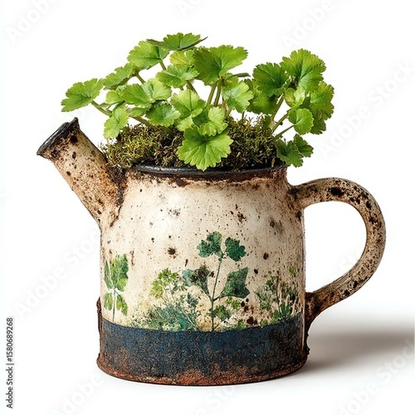 Fototapeta A rustic, weathered watering can repurposed as a planter, filled with vibrant green plants growing from mossy soil.