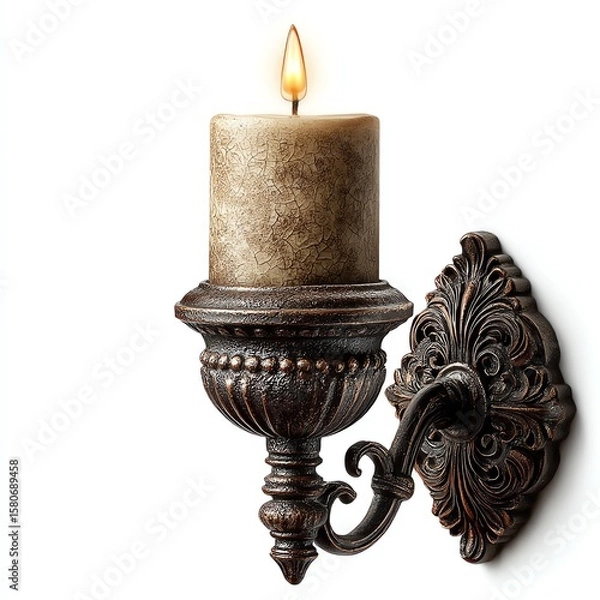 Fototapeta An ornate, vintage-style metal wall sconce holds a lit, textured candle against a white background, blending classic elegance with warm ambient lighting.