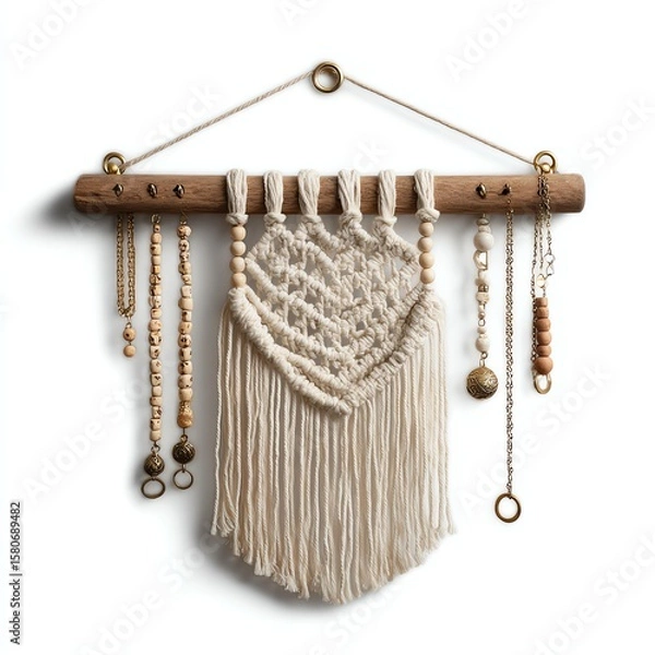 Fototapeta A handcrafted macrame wall hanging with intricate knots, wooden beads, and metal rings on a wooden dowel, creating a boho decorative piece.