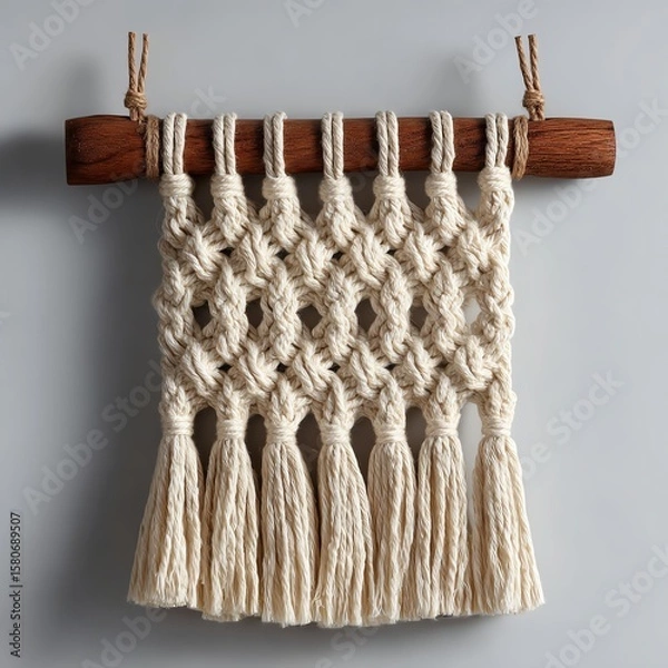 Fototapeta A handcrafted macrame wall hanging with intricate knots on a wooden dowel, featuring long tassels at the bottom.