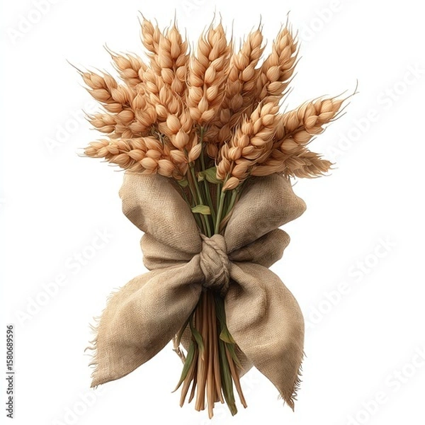 Fototapeta A detailed illustration of a wheat bundle tied with a textured burlap ribbon on a white background.