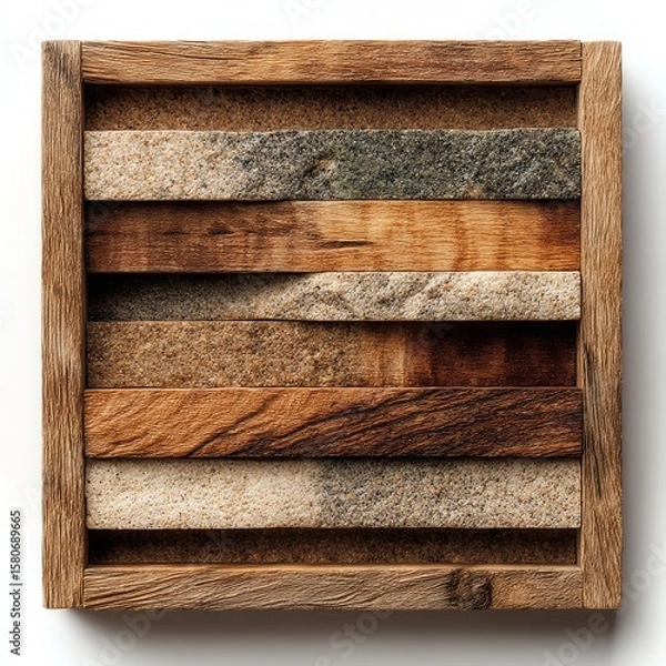 Fototapeta A square wooden frame containing alternating horizontal layers of textured wood and stone slabs in varying shades of brown and gray.
