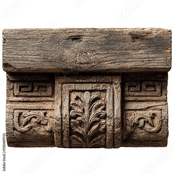 Fototapeta Ornate antique wooden architectural corbel with intricate carvings of leaves and geometric patterns, showcasing detailed craftsmanship.