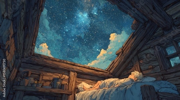 Fototapeta A starry night viewed from a cozy cabin interior.