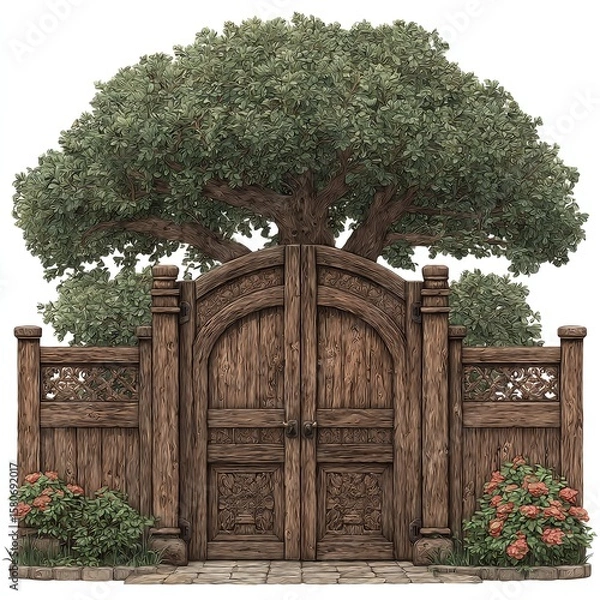 Fototapeta Intricate wooden gate framed by a large tree and blooming flowers.