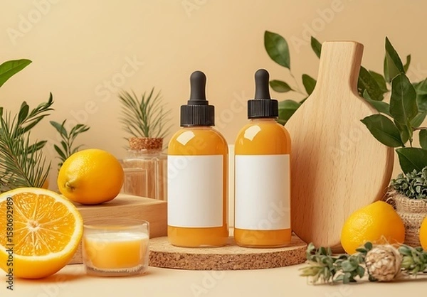 Obraz Skincare Bottles with Blank Labels, Lemon and Natural Ingredients – Product Photography for Branding