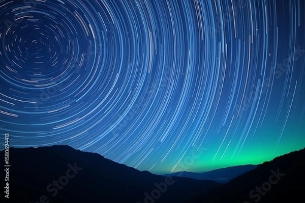 Obraz Star trails photography over mountain range at night with aurora borealis astrophotography view 