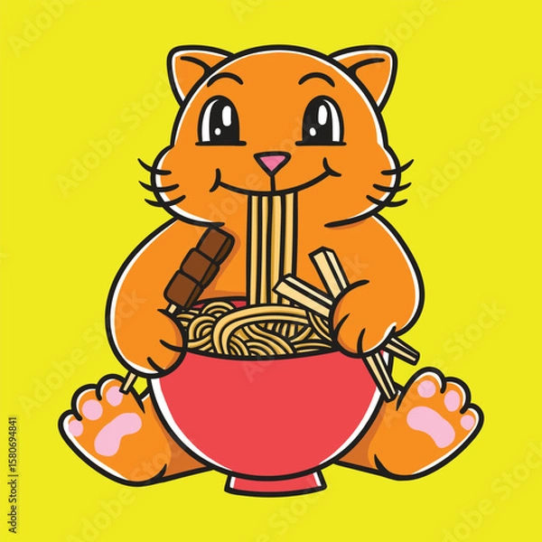 Fototapeta Fat Cat Enjoying a Bowl of Noodles and Meat Skewers