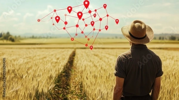 Fototapeta Precision Farming: A Farmer Surveys His Golden Wheat Field Using GPS Technology