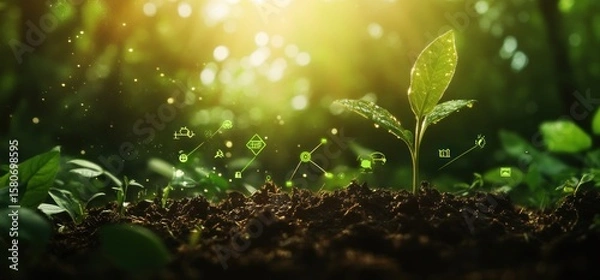 Fototapeta Sustainable Growth: A Young Plant Flourishes in a Lush Forest Setting, Symbolizing Environmental Conservation and Technological Advancement in Agriculture.
