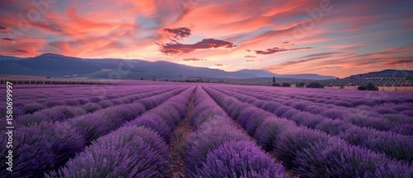 Fototapeta A scenic panorama reveals a lavender field at sunset, the rows of purple flowers stretch towards mountains under a vibrant, colorful sky